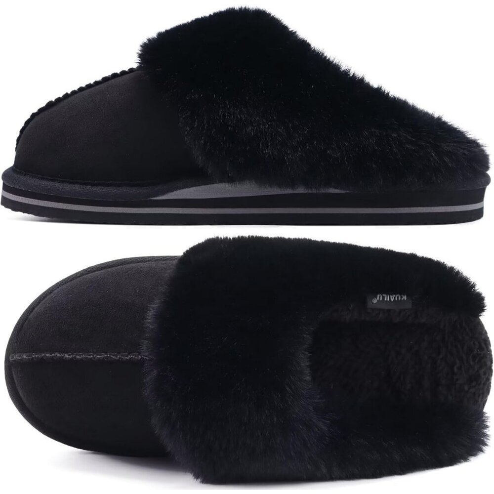 Women's Black Fluff Memory Foam Cozy Winter Warm Scuff Slip On Slippers Shoes